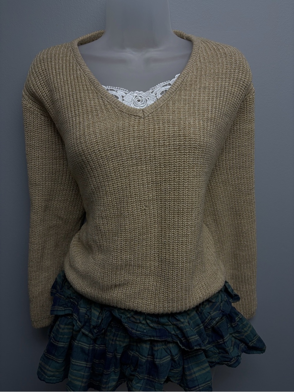 Women's Tan V-Neck Knit Sweater